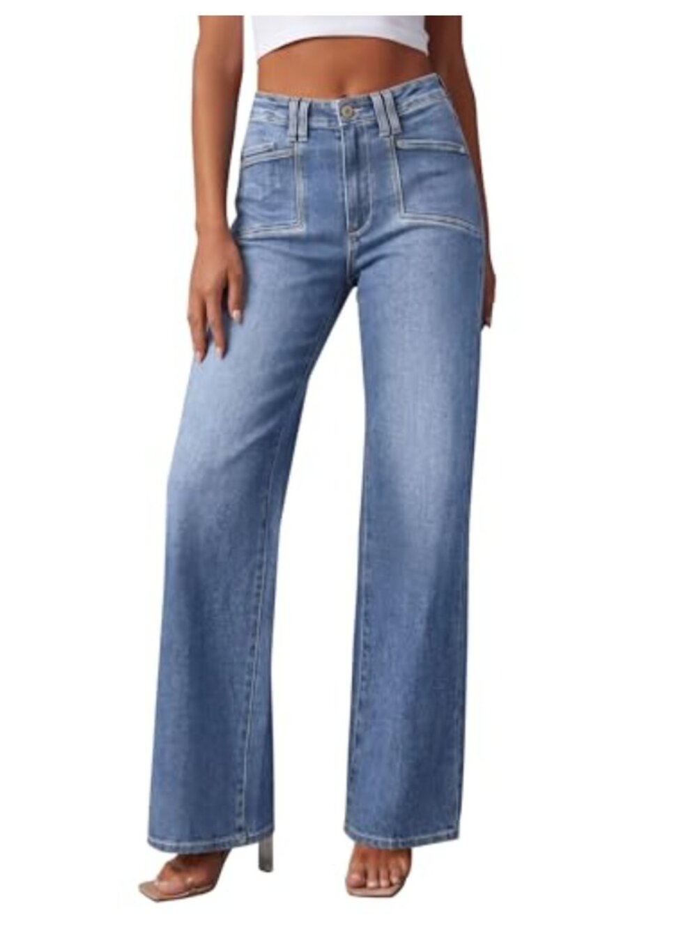 High Waisted Wide Leg Jeans Rigid Denim Utility Pockets Ankle Length